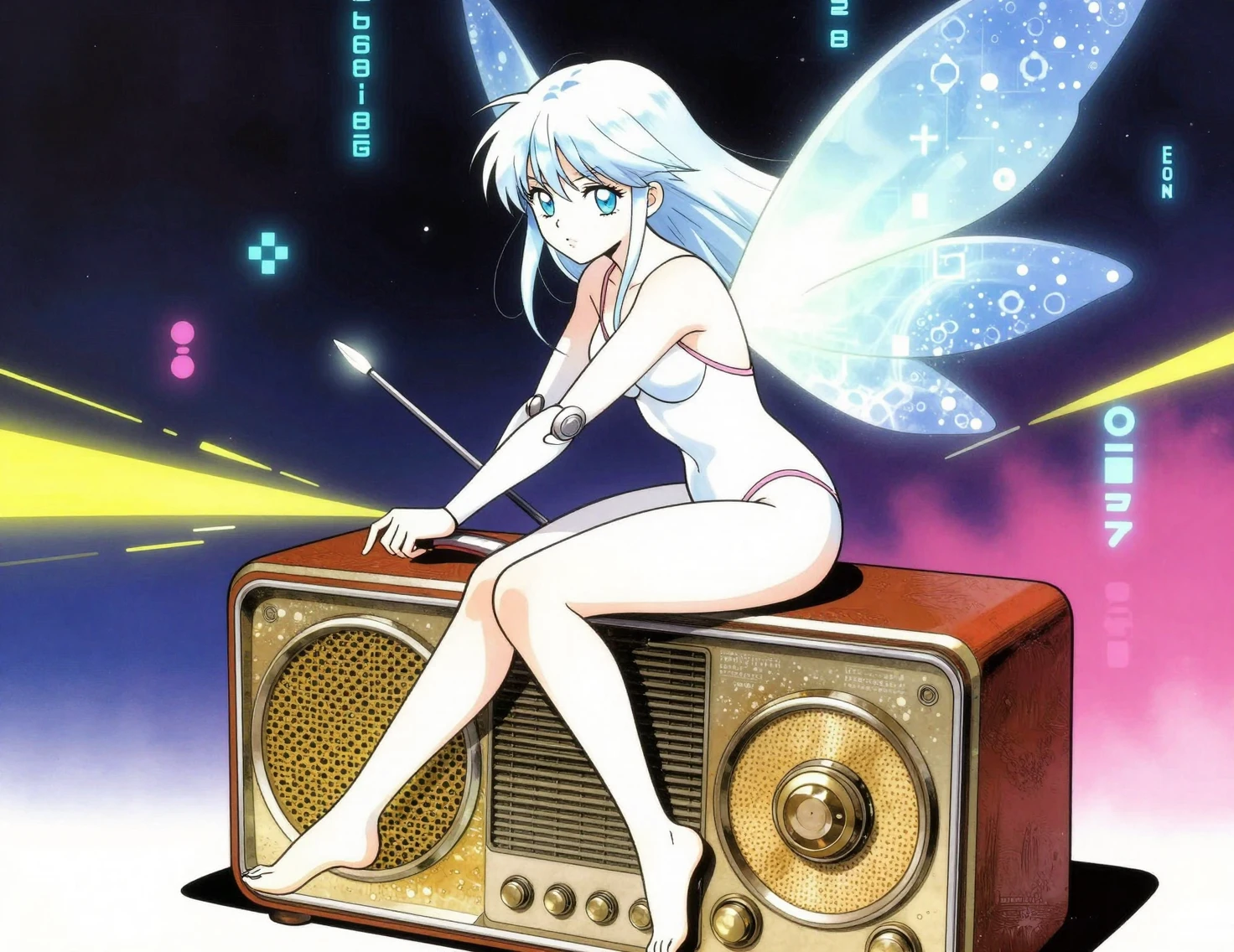 Cyborg fairy riding a vintage radio with glowing data
