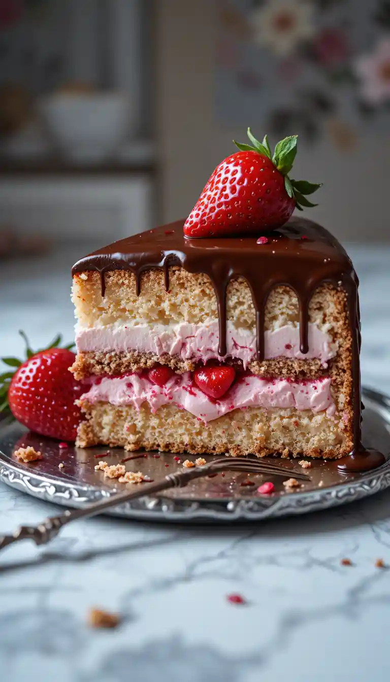 Rebanada surreal de pastel de helado de fresa en bandeja de plata