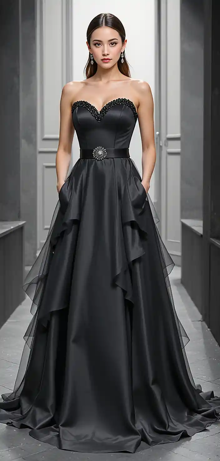 Woman in black ball gown posing in studio setting