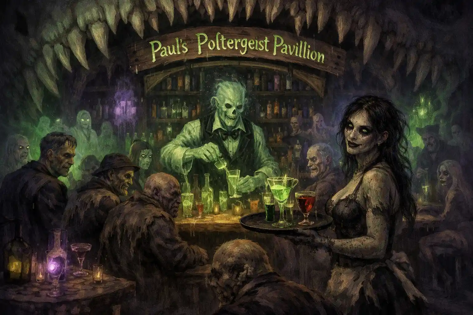 Bar fantomatique dans un gigantesque crâne alien