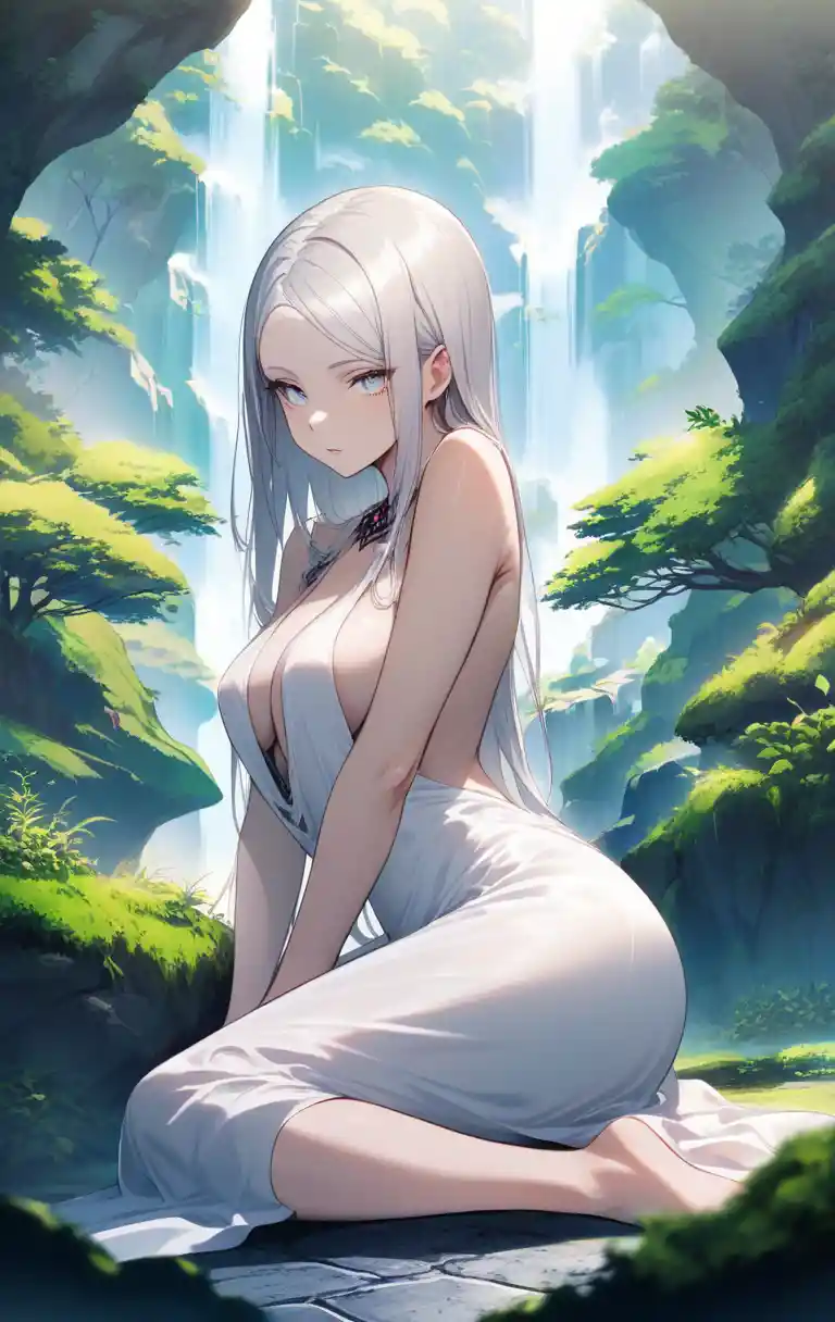 Silver haired girl kneeling by a waterfall in forest mist