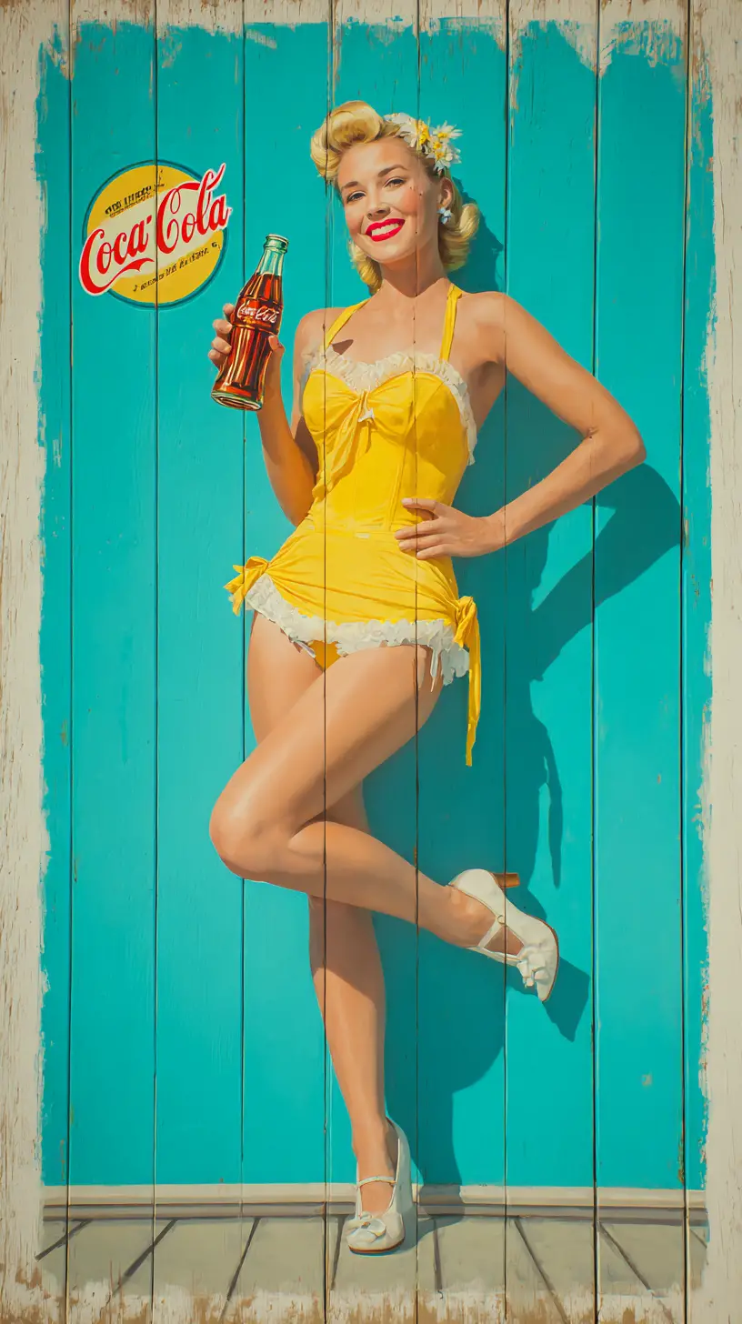 Vintage blonde pin up woman holding coke on boardwalk