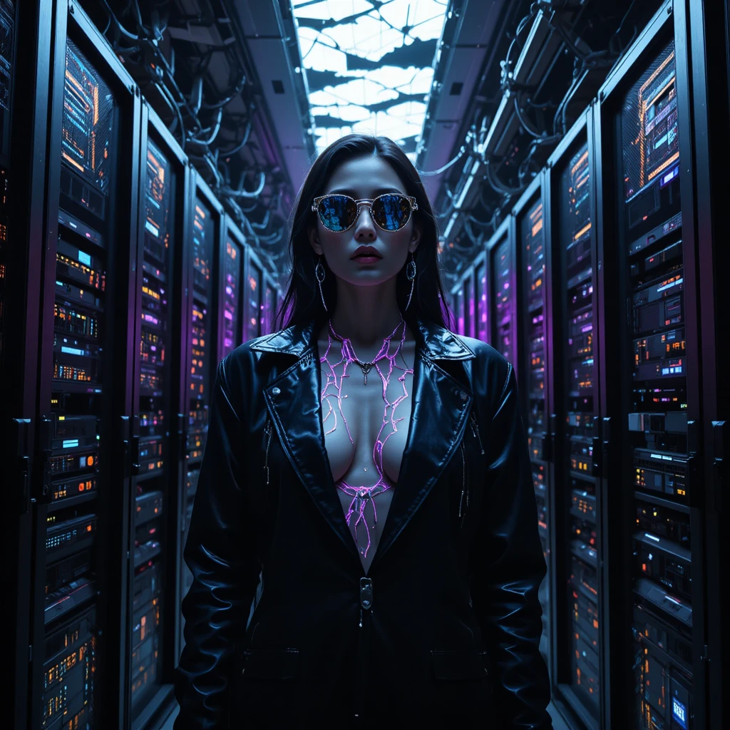 Cyber noir woman in a ruined underground server corridor