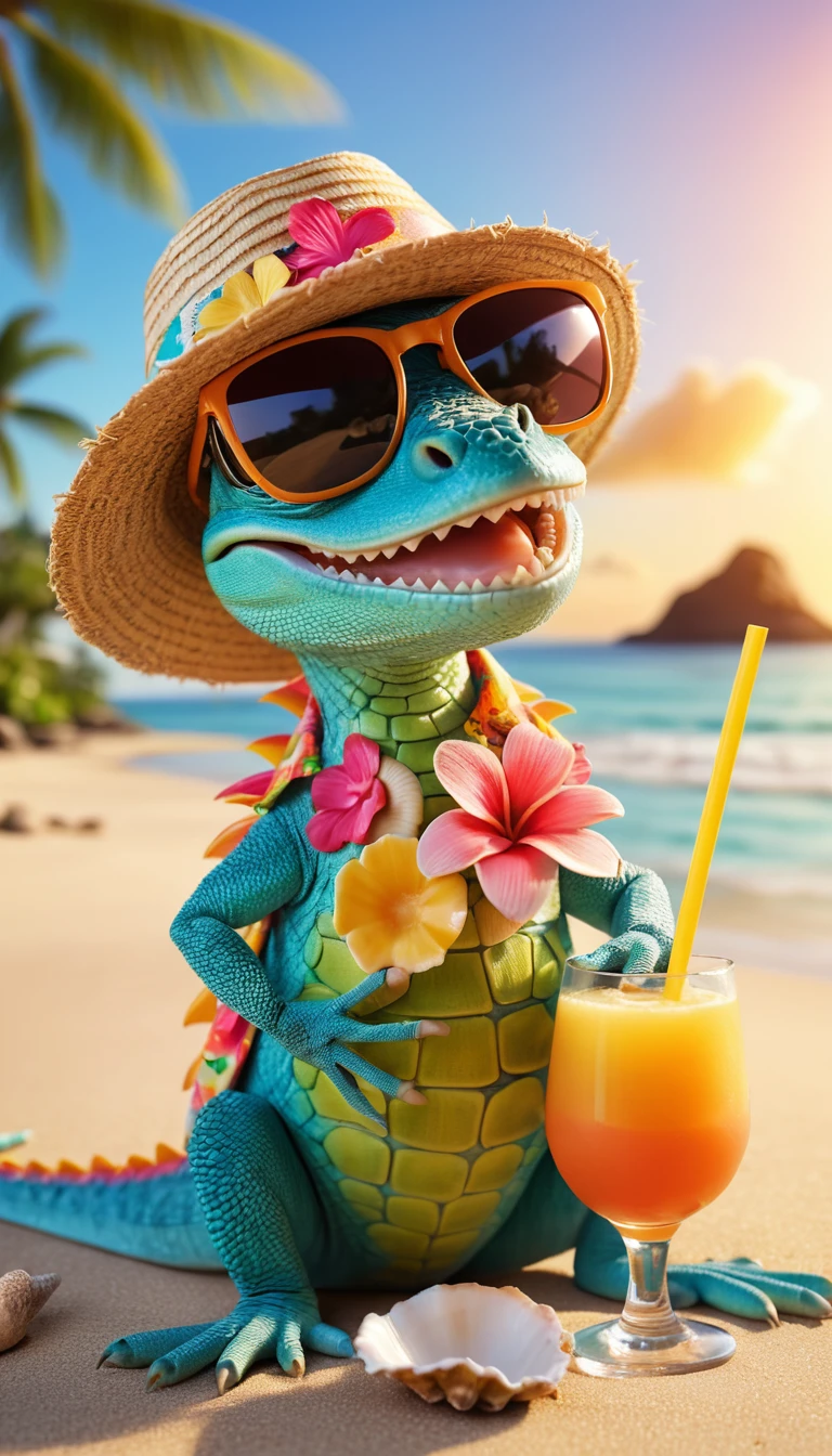 Lézard 3D souriant se détendant sur une plage tropicale ensoleillée