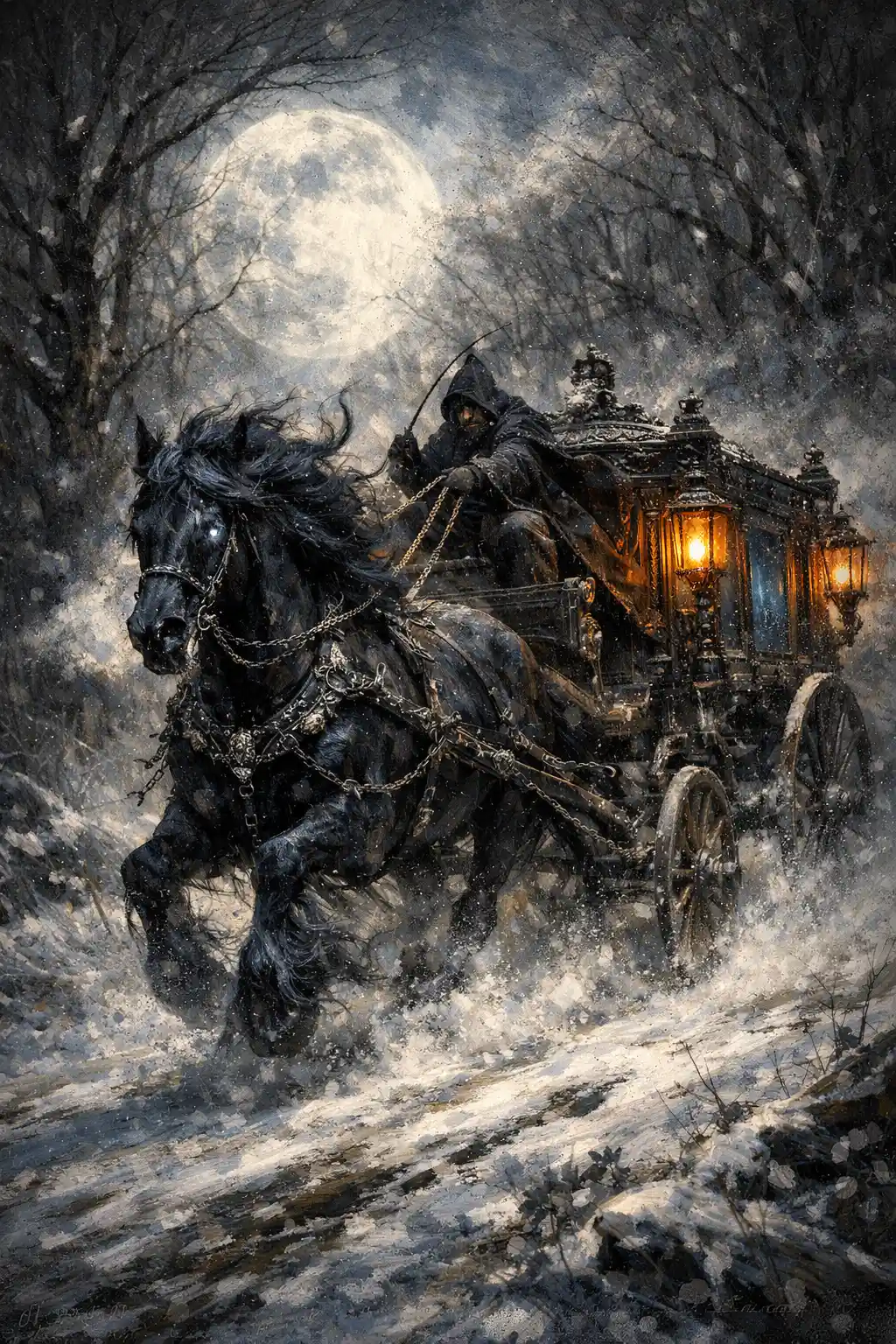 Ghostly horse drawn hearse racing through snowy forest