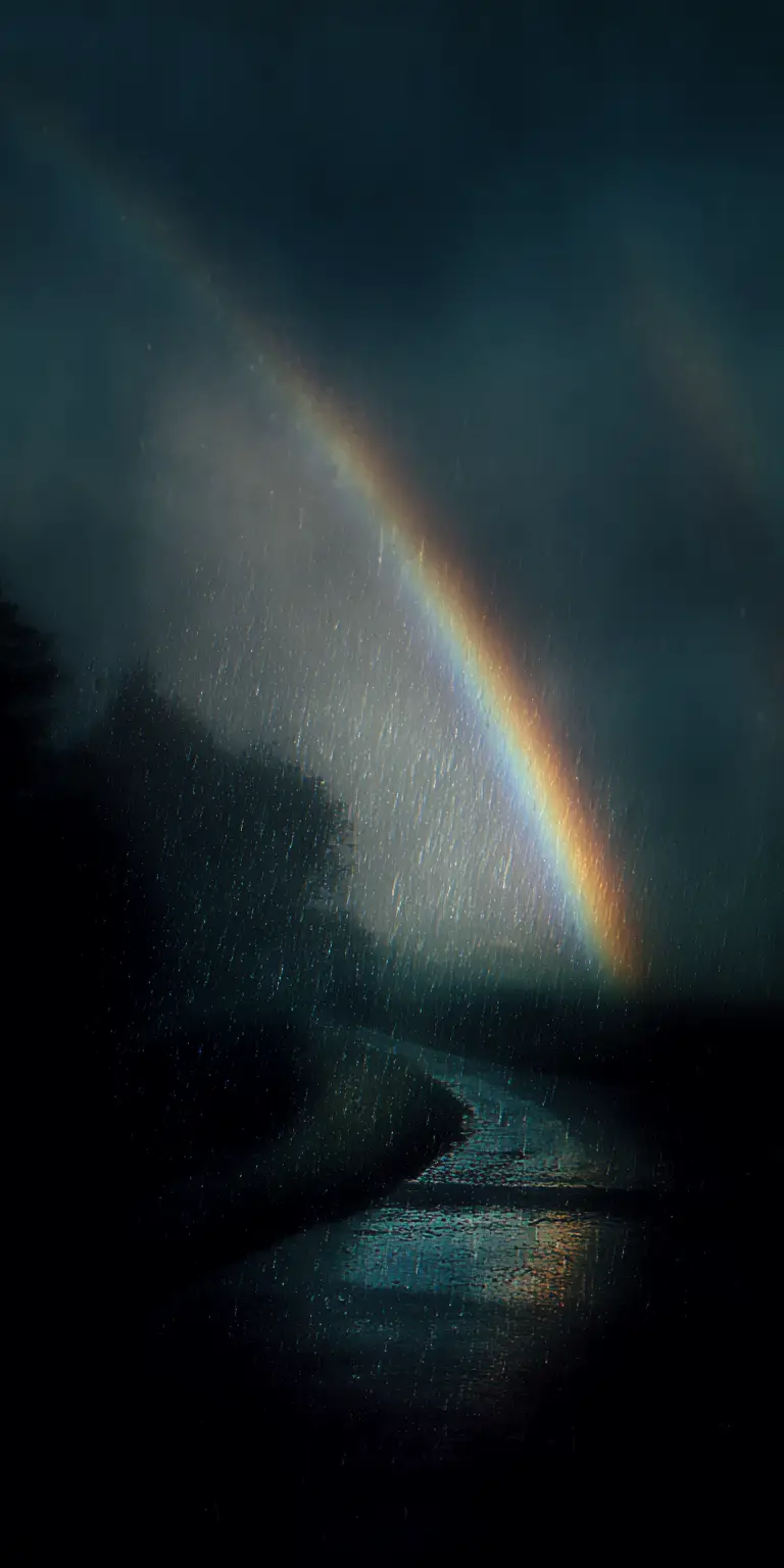Crying figure stands in the rain under a moonless night sky