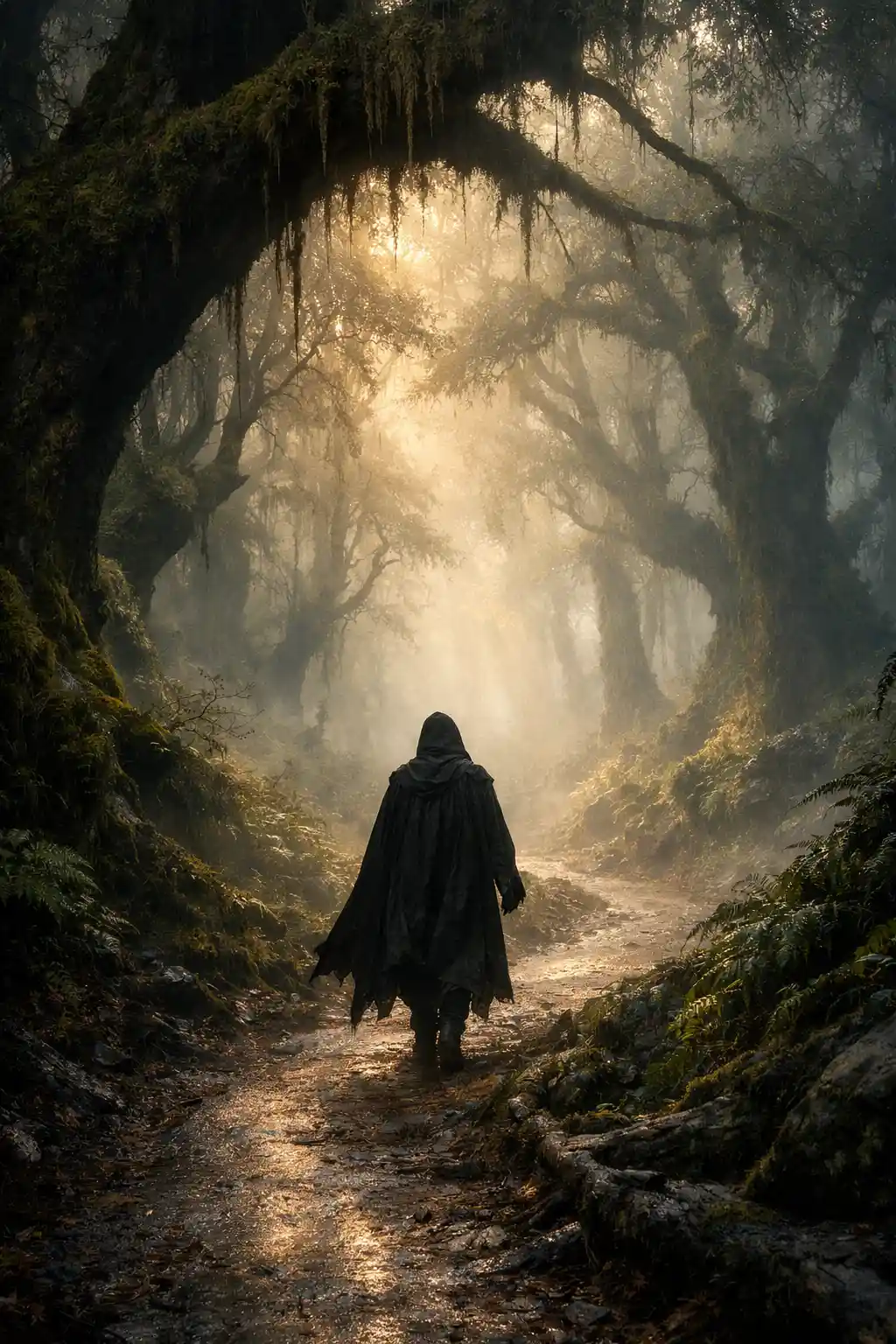 Lone traveler on a winding path in an enchanted forest