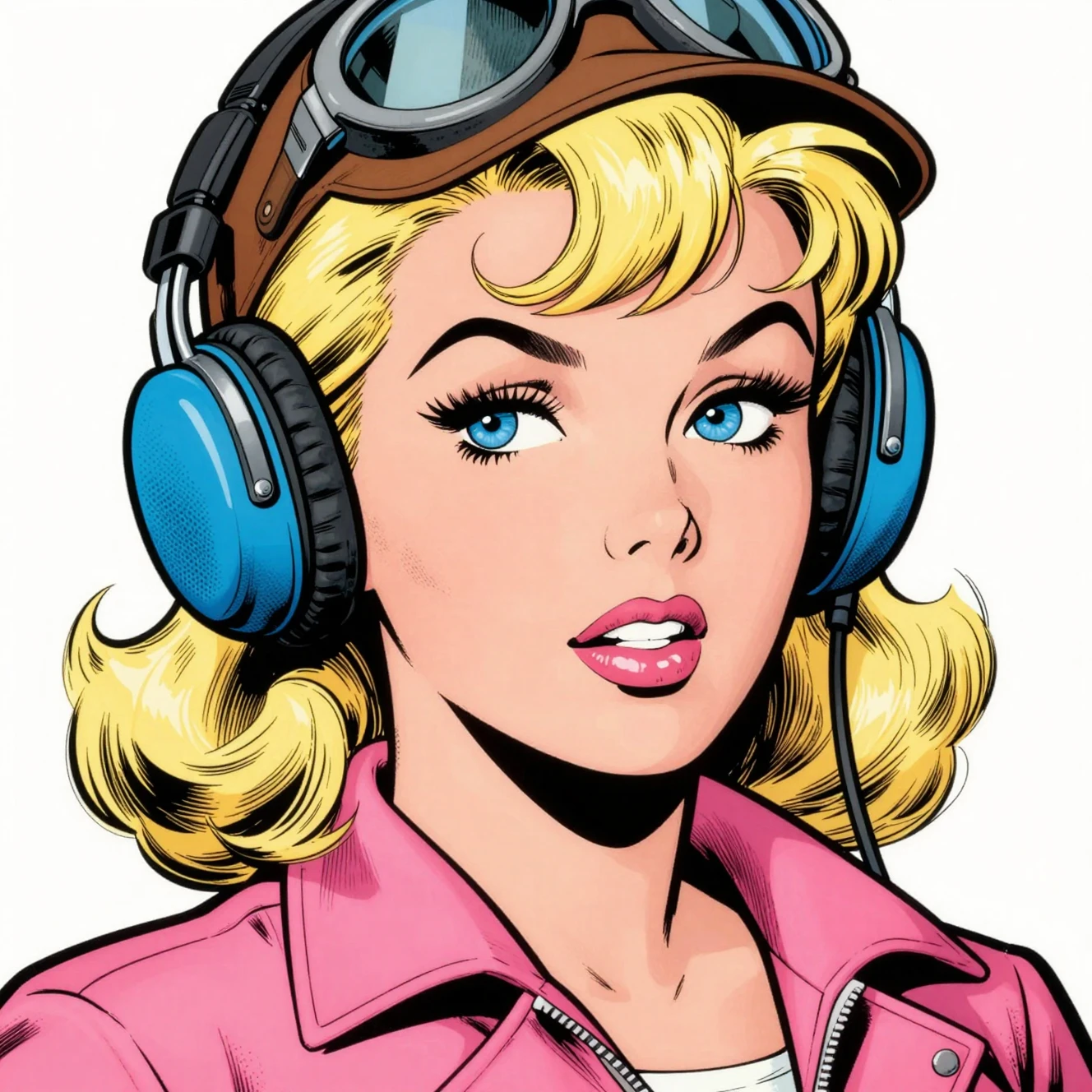 Retrato en primer plano de aviadora rubia en cómic retro