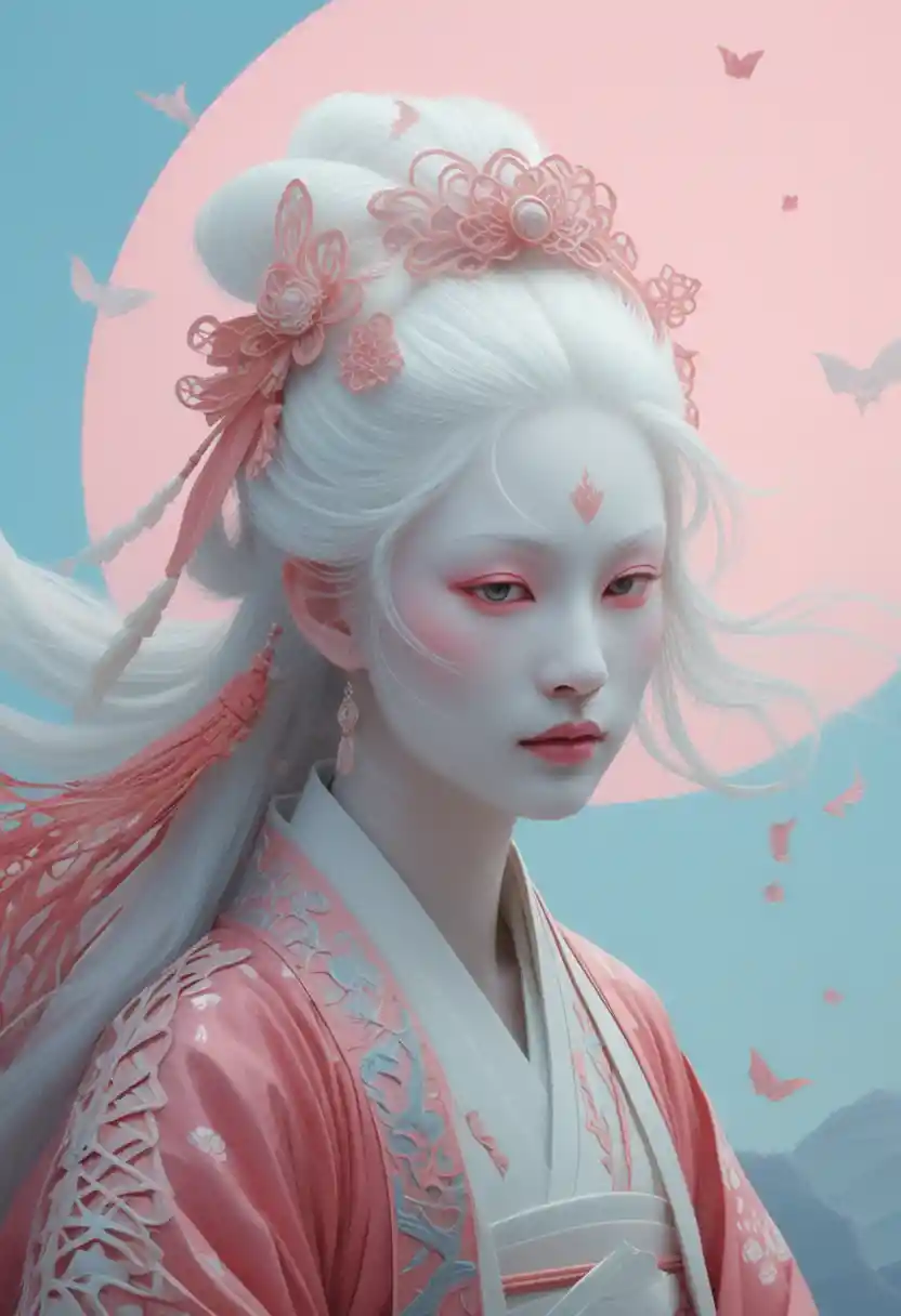 Mystischer Kitsune, von einem Samurai unter einem pastellfarbenen Mond umarmt