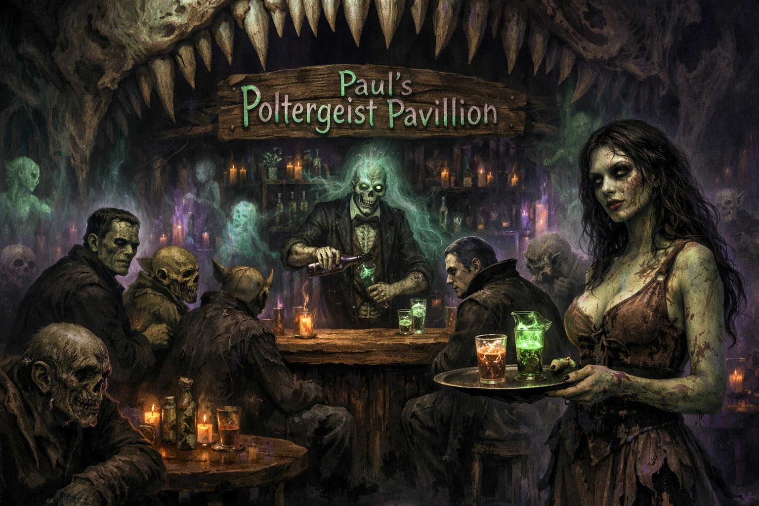 Clientes fantasmales se reúnen en un bar embrujado dentro de una caverna con forma de calavera