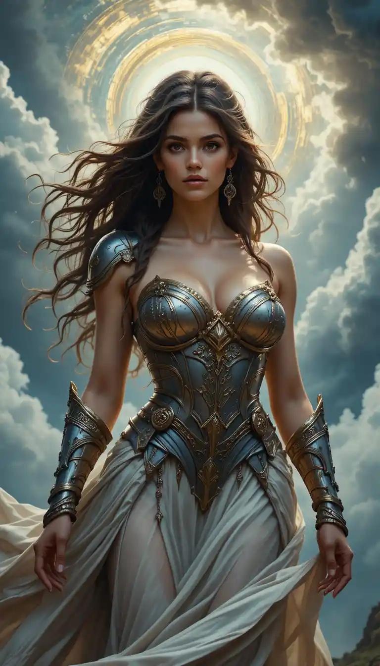 Serene valkyrie warrior beneath swirling storm clouds