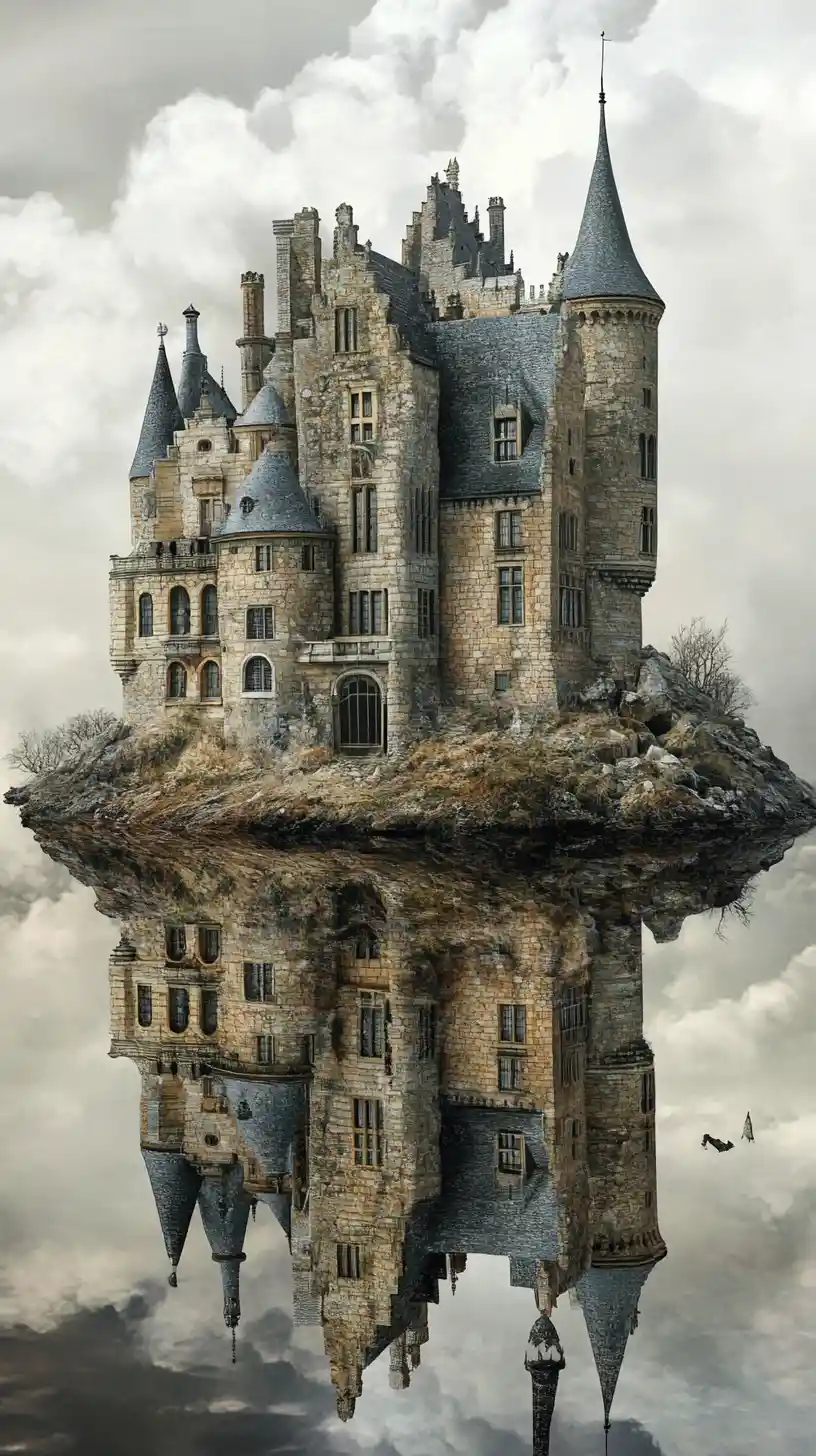 Surreale Illusion einer mittelalterlichen Burg in überlappenden Szenen