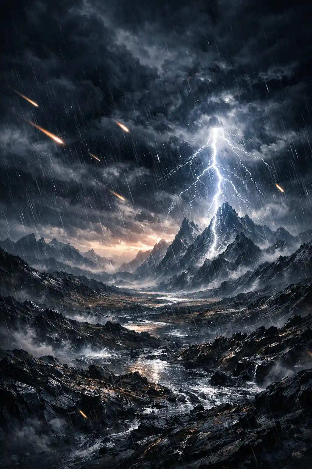 Cinematic storm over vast mountains under apocalyptic skies
