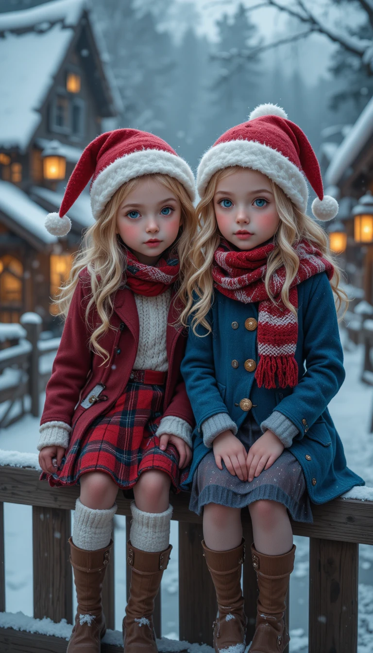 Due bambine su una staccionata in un villaggio innevato di notte