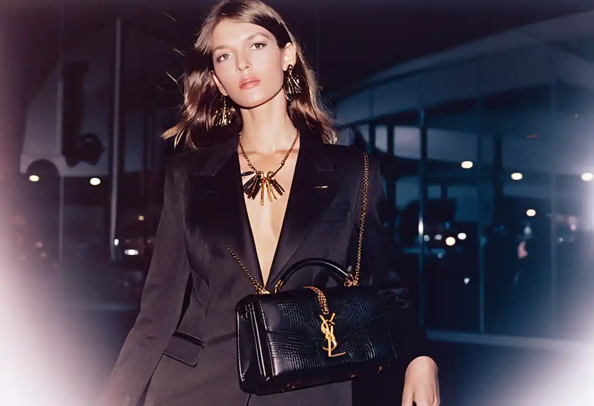 Fashion model in black outfit posing at night outdoors