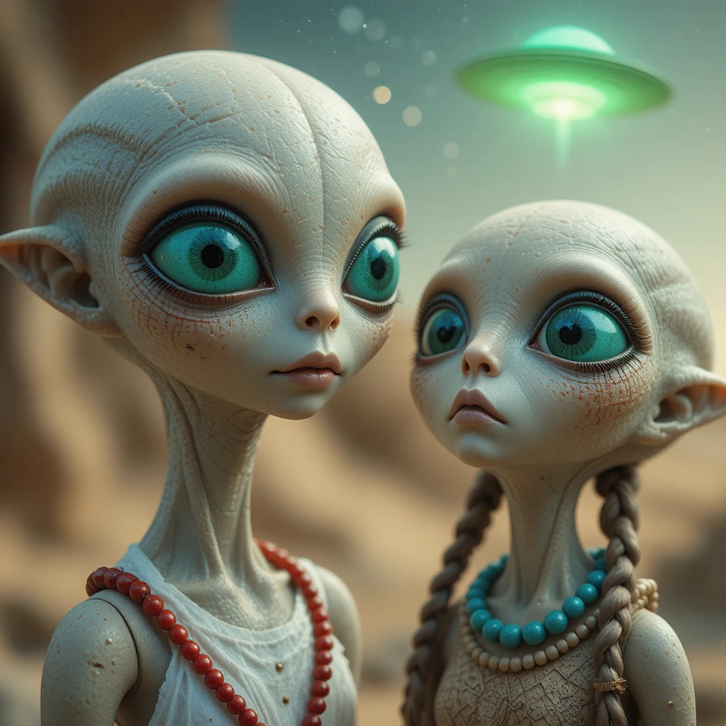 Close up portrait of two aliens with glowing ufo above