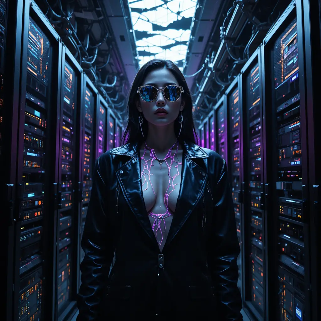 Cyber noir woman in a ruined underground server corridor