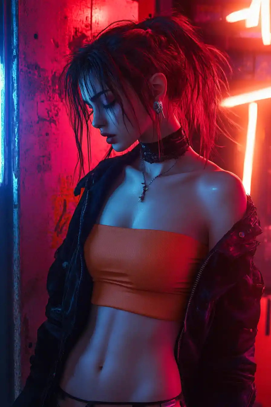 Dark profile of a defiant girl in tube top and jacket
