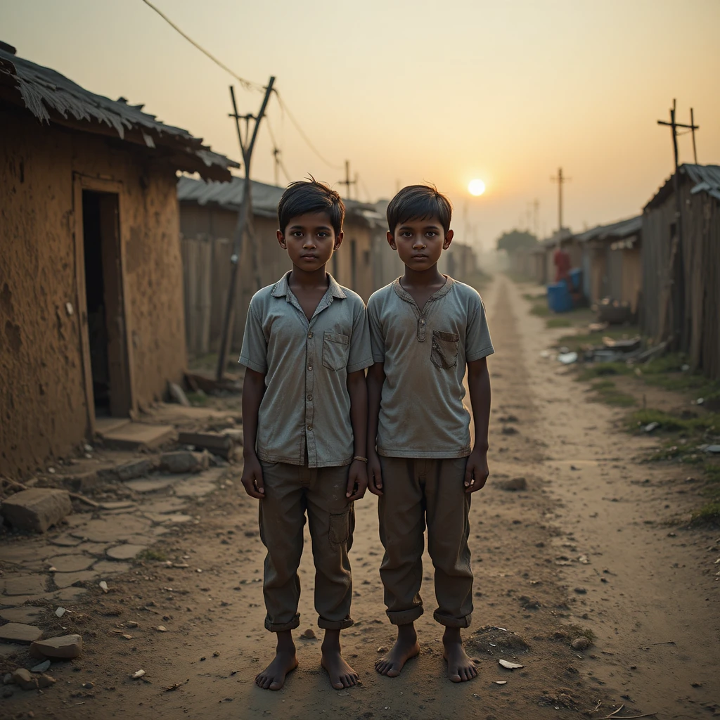 Dos niños pobres del pueblo en un camino polvoriento al amanecer