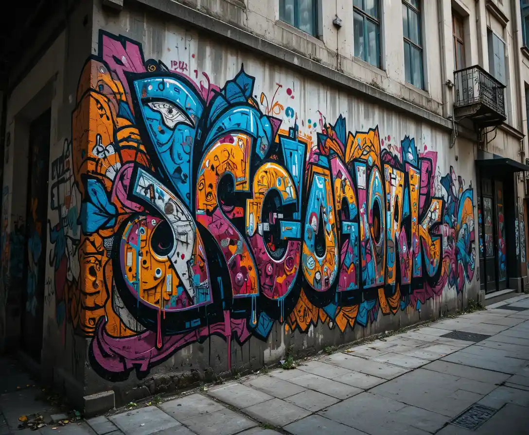 Colorful street art mural on an old concrete wall