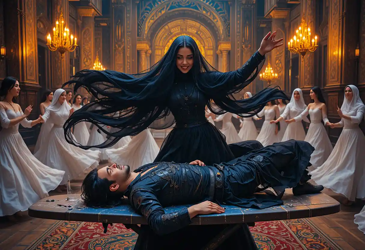 Sufi woman dancing in a gothic inspired traditional burka