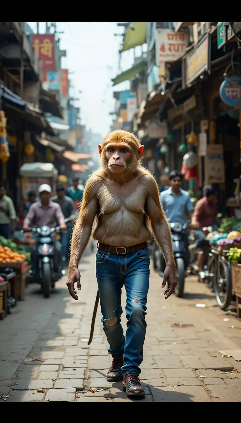 Mono antropomórfico caminando por un concurrido mercado callejero en la India