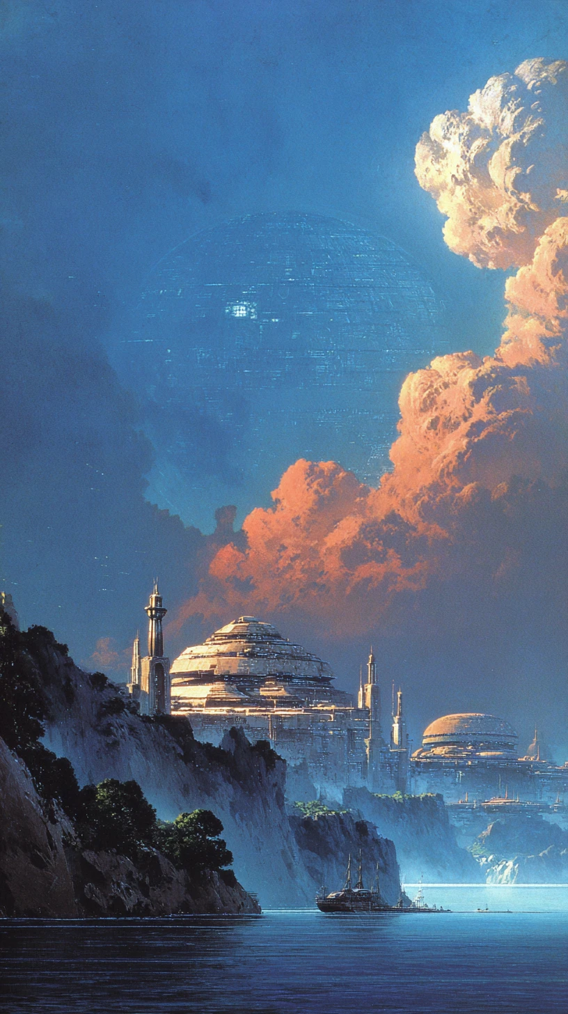Epic fantasy heroes before a domed futuristic city