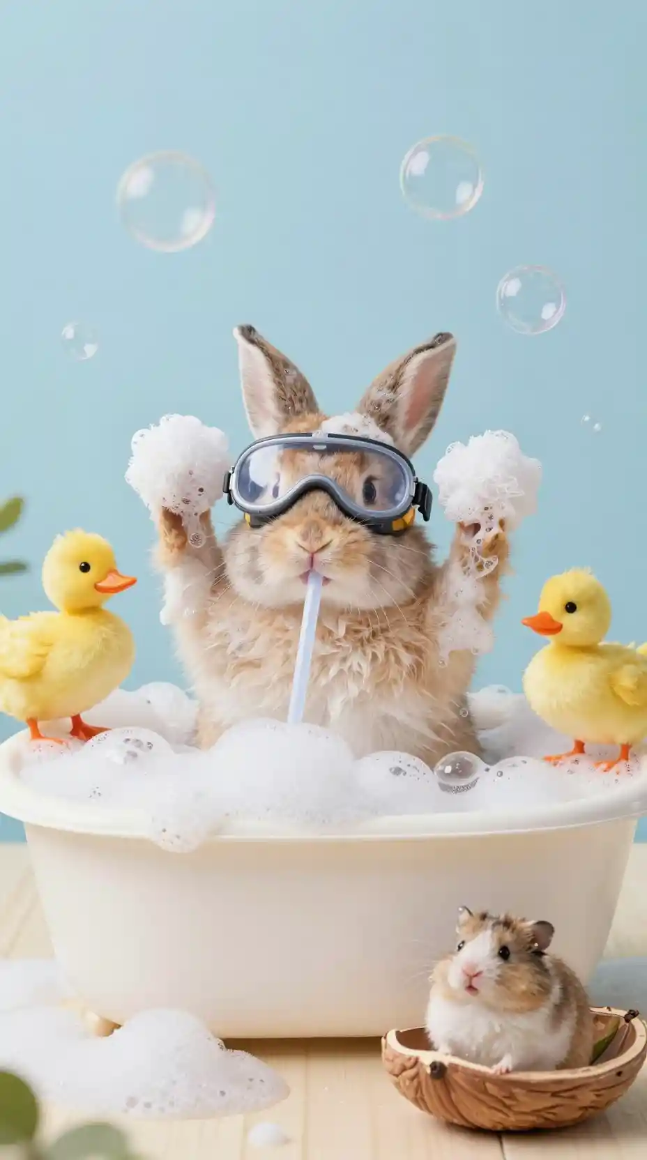Baby rabbit in a bubble bath with rubber duck goggles