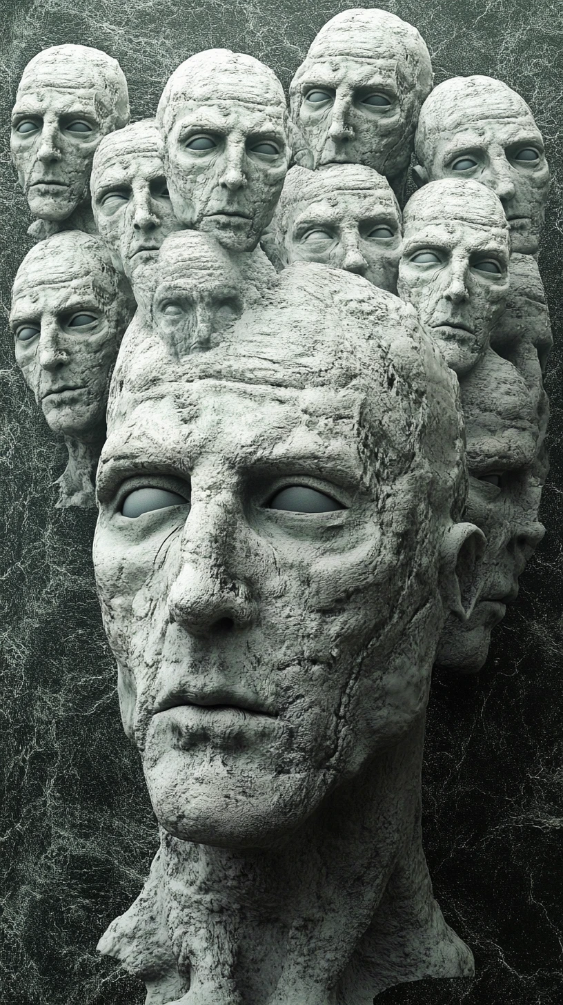 Endless crowd of men with multiple shifting faces