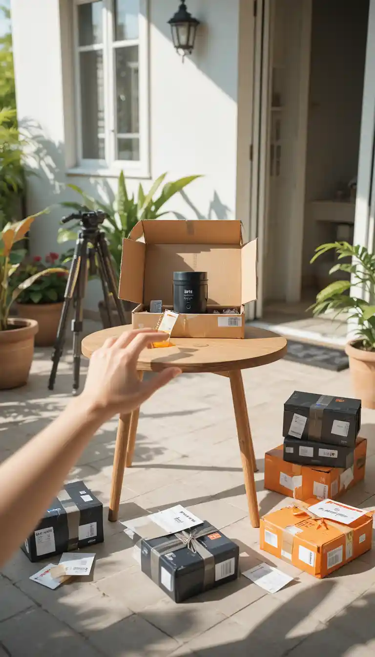 Outdoor product display on a wooden table with packages