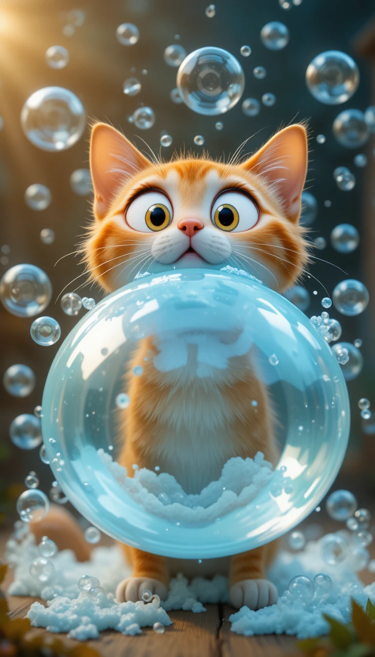 Gato de dibujos animados sorprendido por enormes burbujas de jabón que estallan