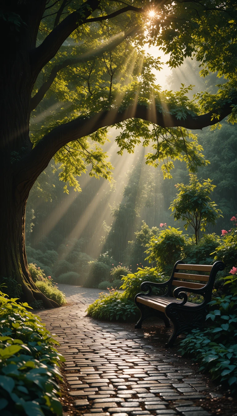 Giardino piovoso e tranquillo con panchina e sentiero di ciottoli