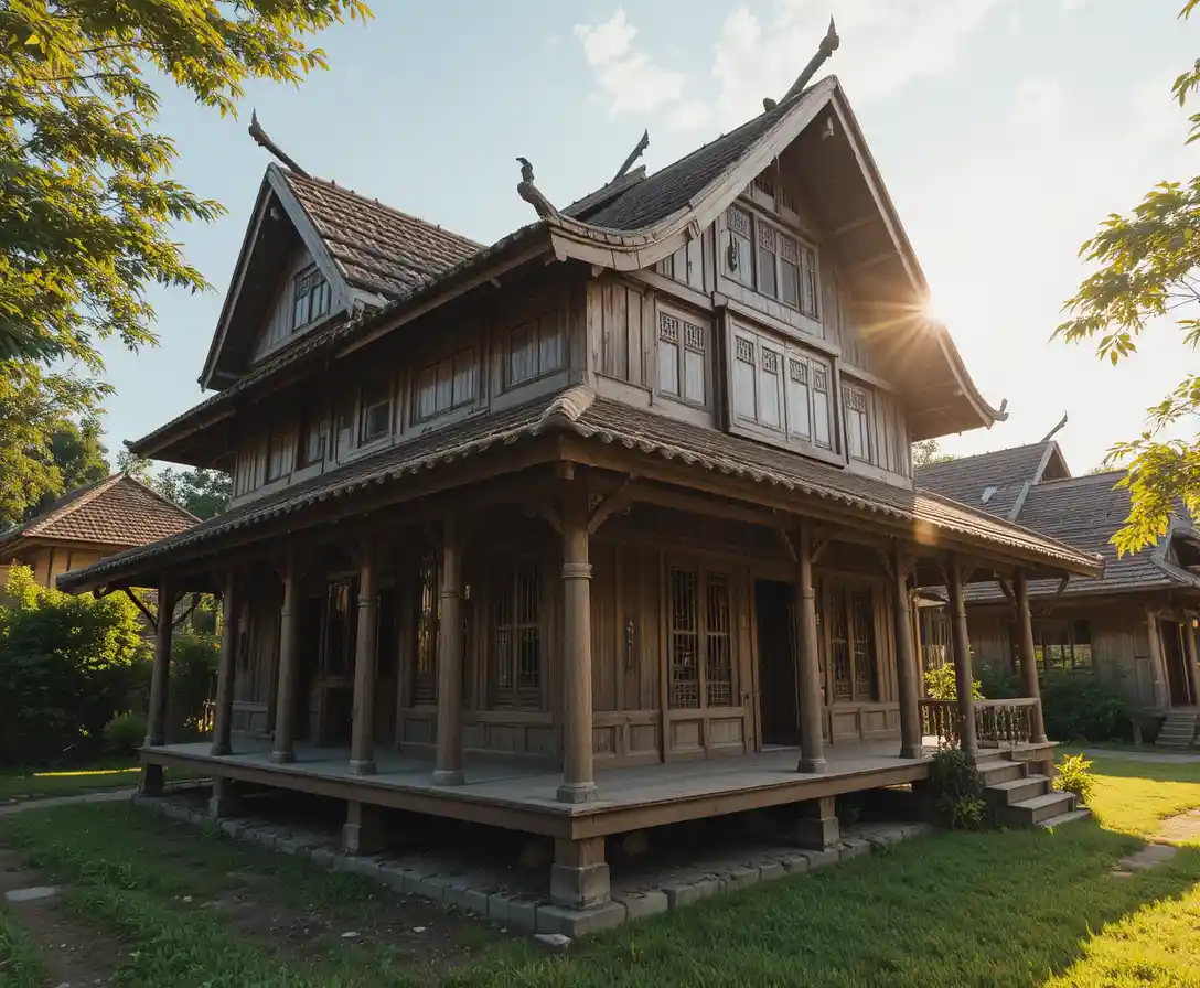 Casa de madera malaya tradicional bajo la cálida luz del pueblo