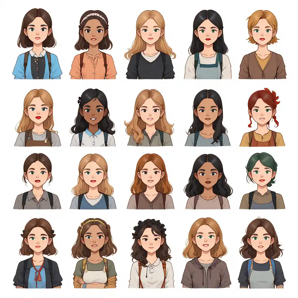 Cartoon grid of diverse female character portraits on white