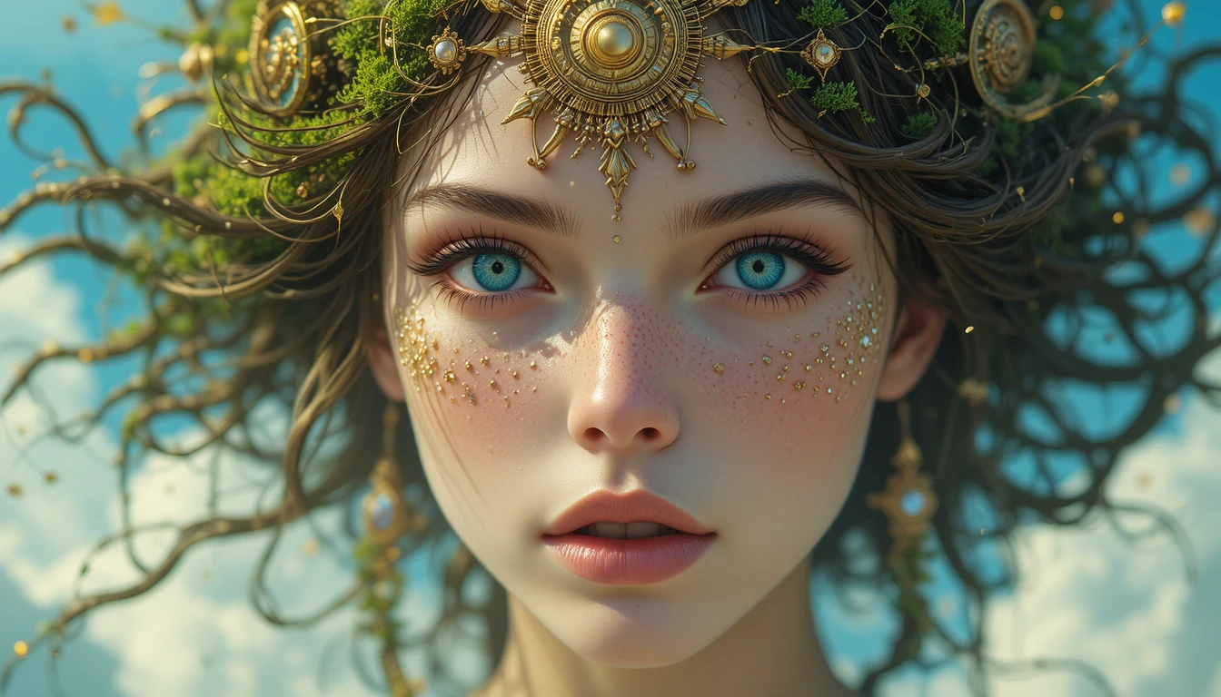 Mythic girl with mossy hair floating in blue sky