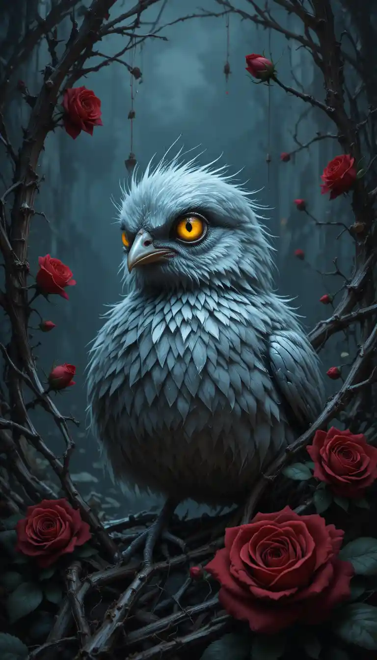 Sad silver chick among thorns and roses in darkness