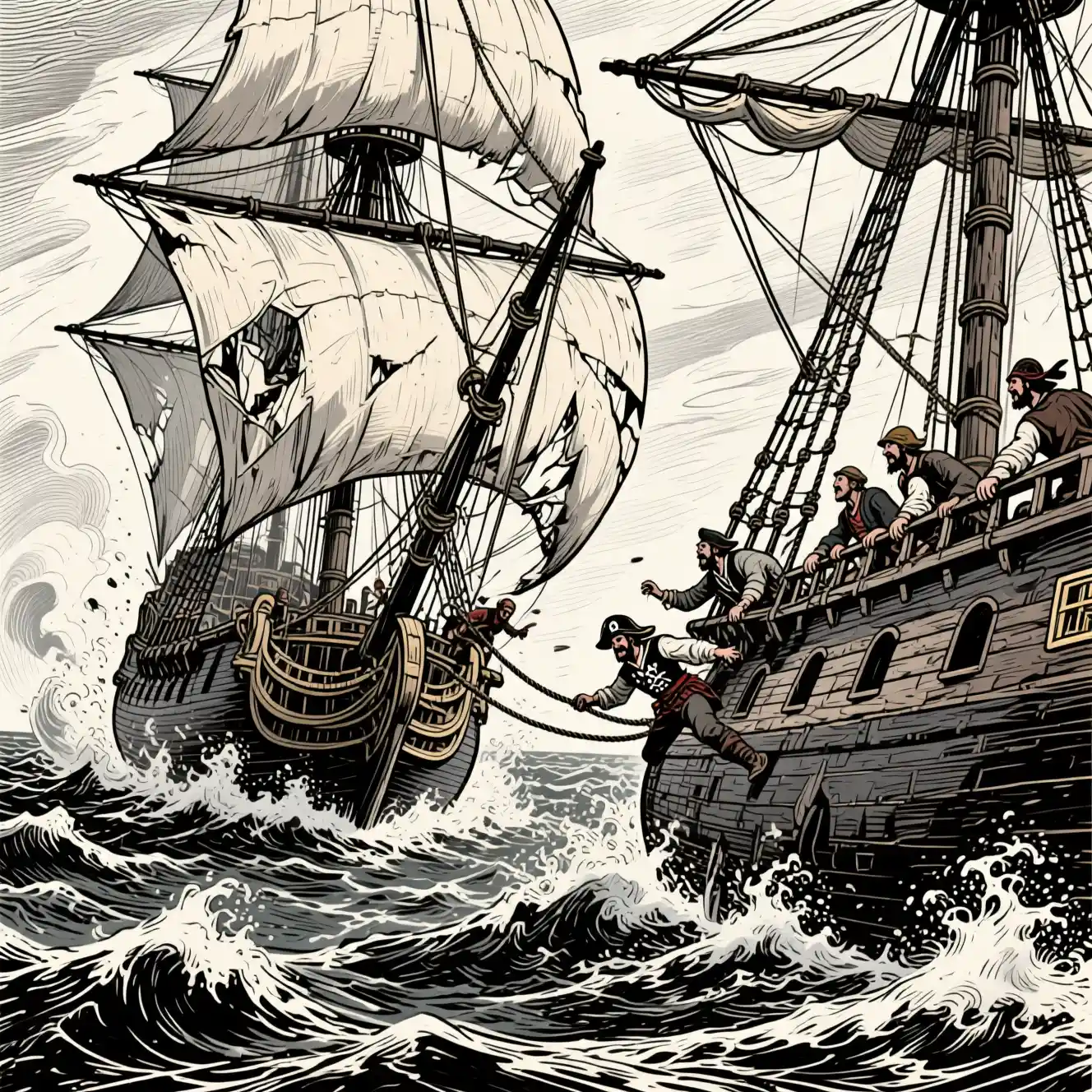 Piratenschiff rammt Handelsschiff in tobender See