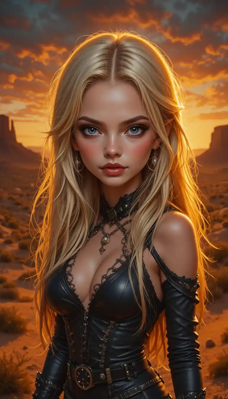 Gothic blonde girl portrait in a glowing desert sunset