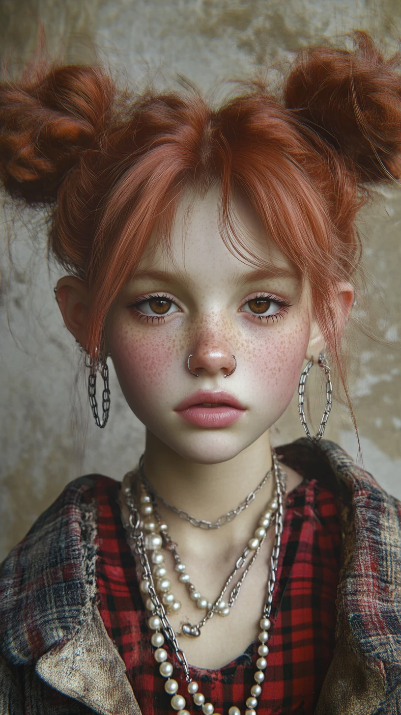 Young fairy girl in tattered tweed and layered pearls