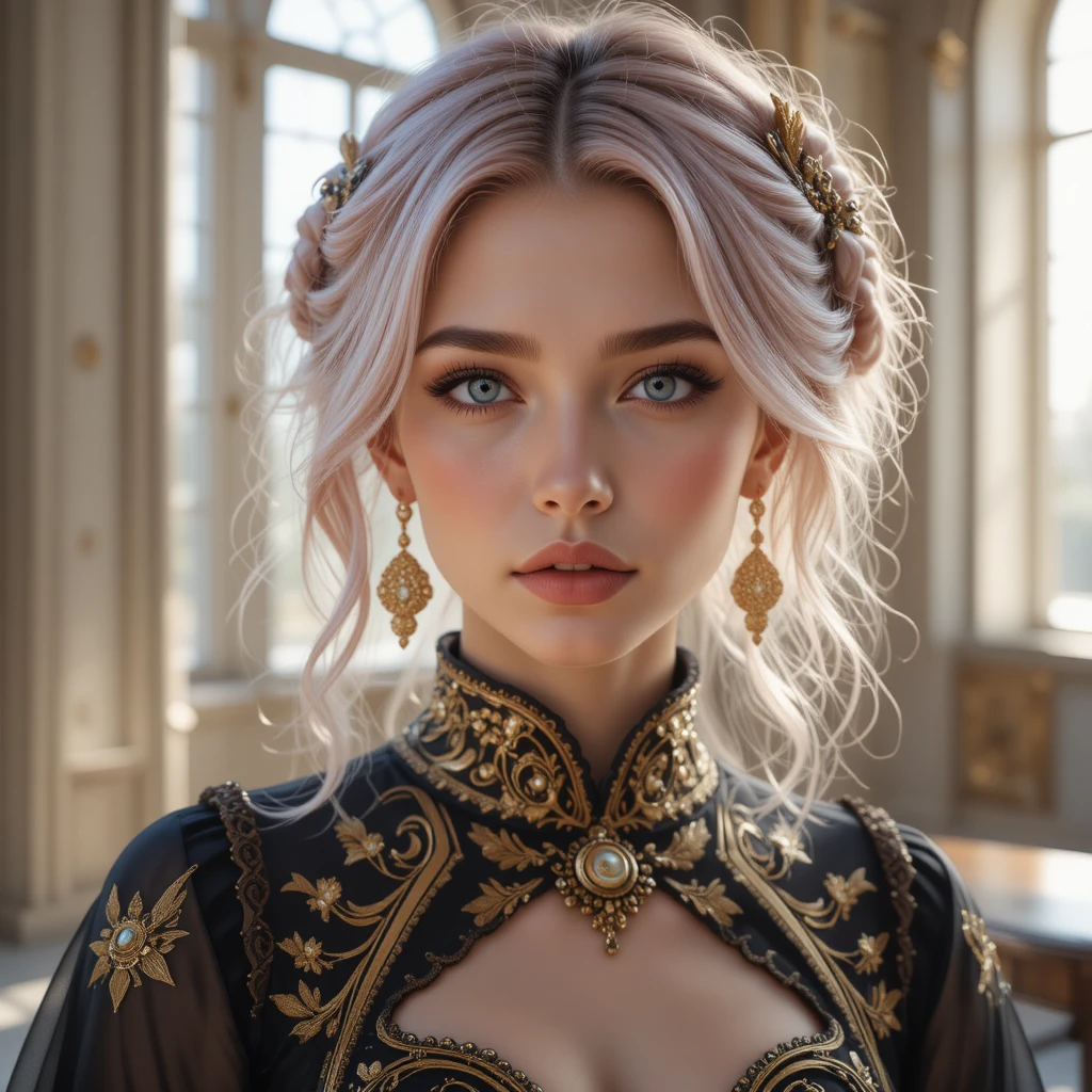 Young woman with blue eyes and pastel pink wavy hair