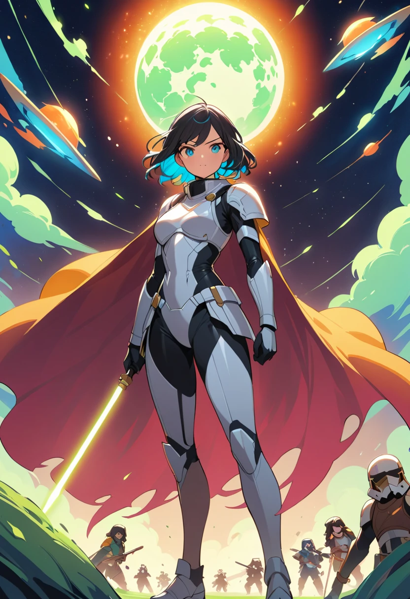 Jedi hero stands before a massive starship and crowd