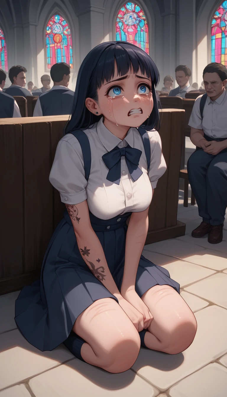 Joven estudiante japonesa sentada sola en una iglesia