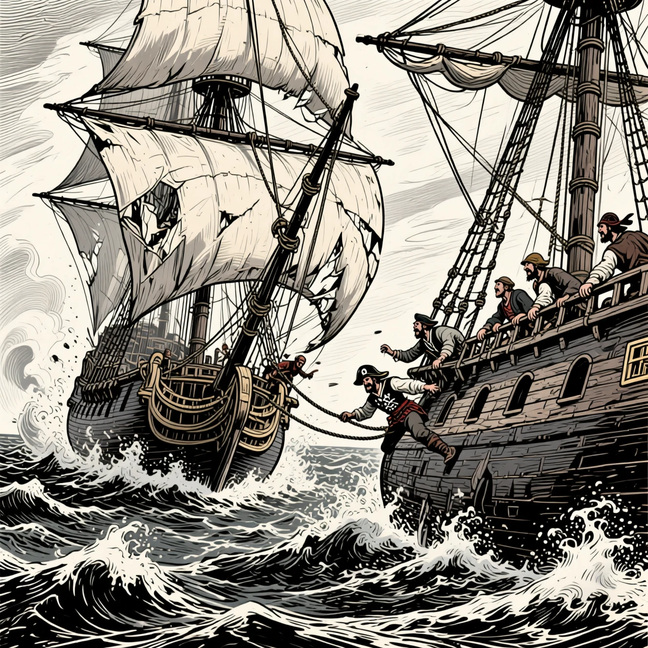 Pirate ship ramming a merchant vessel in raging seas