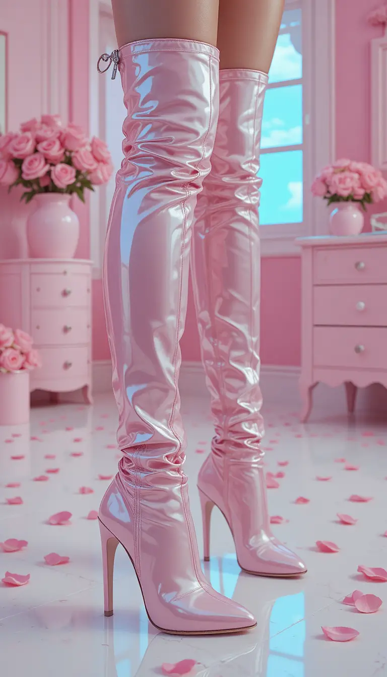 Shiny pink thigh high boots in a soft pastel room