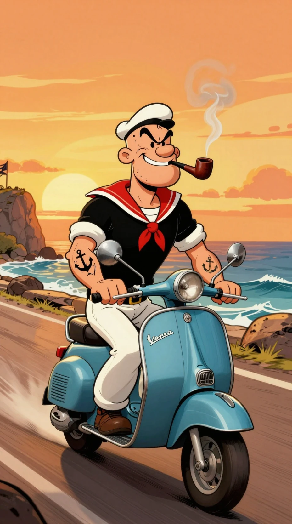 Marinheiro robusto pilotando uma Vespa ao pôr do sol na costa