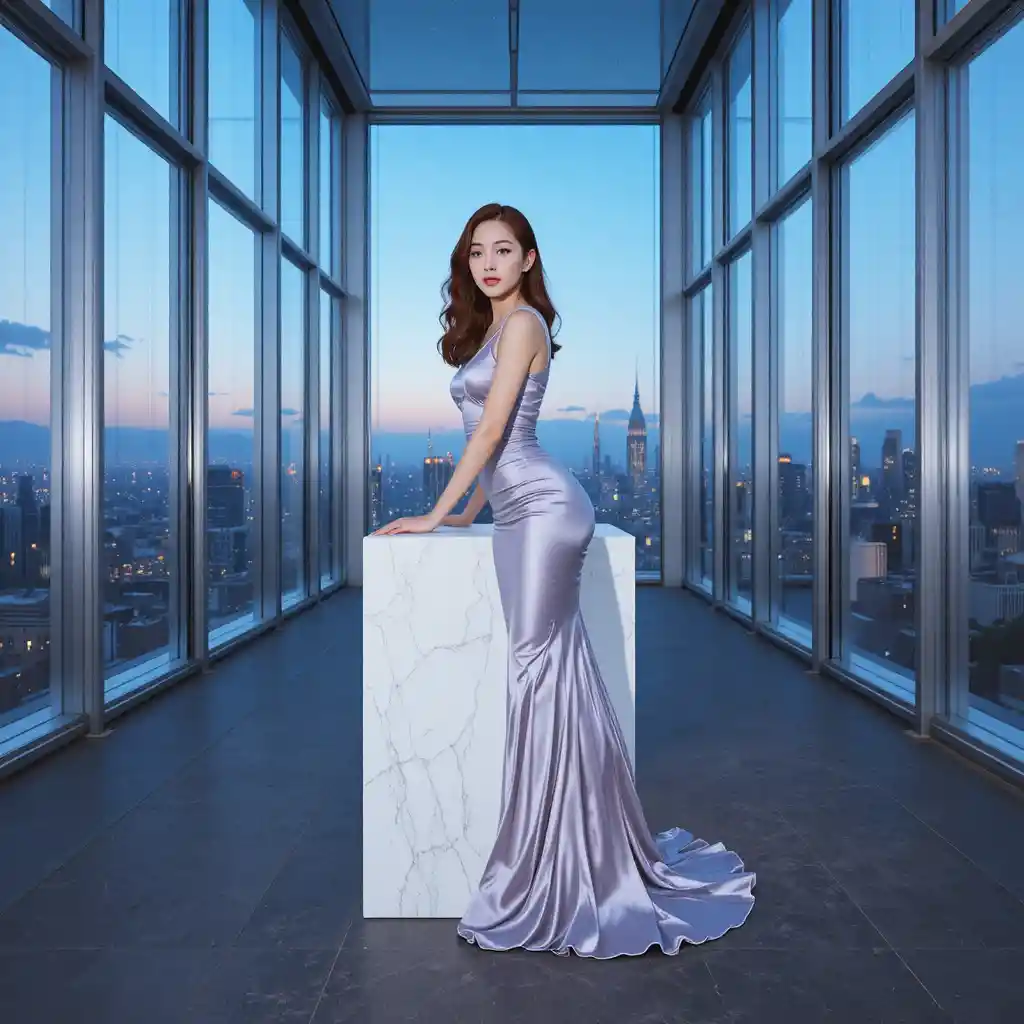 Korean woman in silver gown in a glass walled penthouse