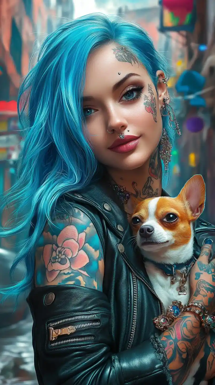 Tätowierte blauhaarige Frau hält einen Chihuahua auf einer Stadtstraße