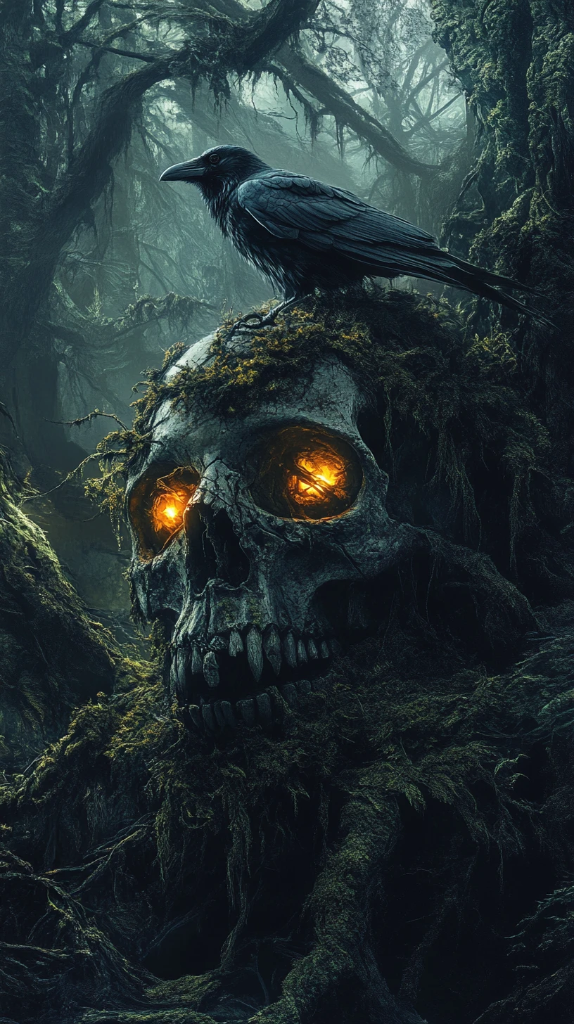 Skull With Fiery Eyes And Crow In Gloomy Mossy Forest