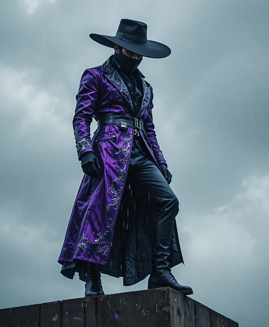 Assassin in purple coat standing on rainy city rooftop