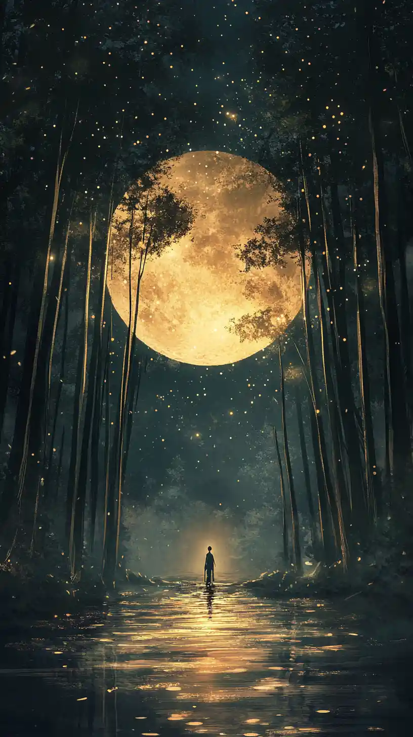 Lone figure in a moonlit flooded forest at night